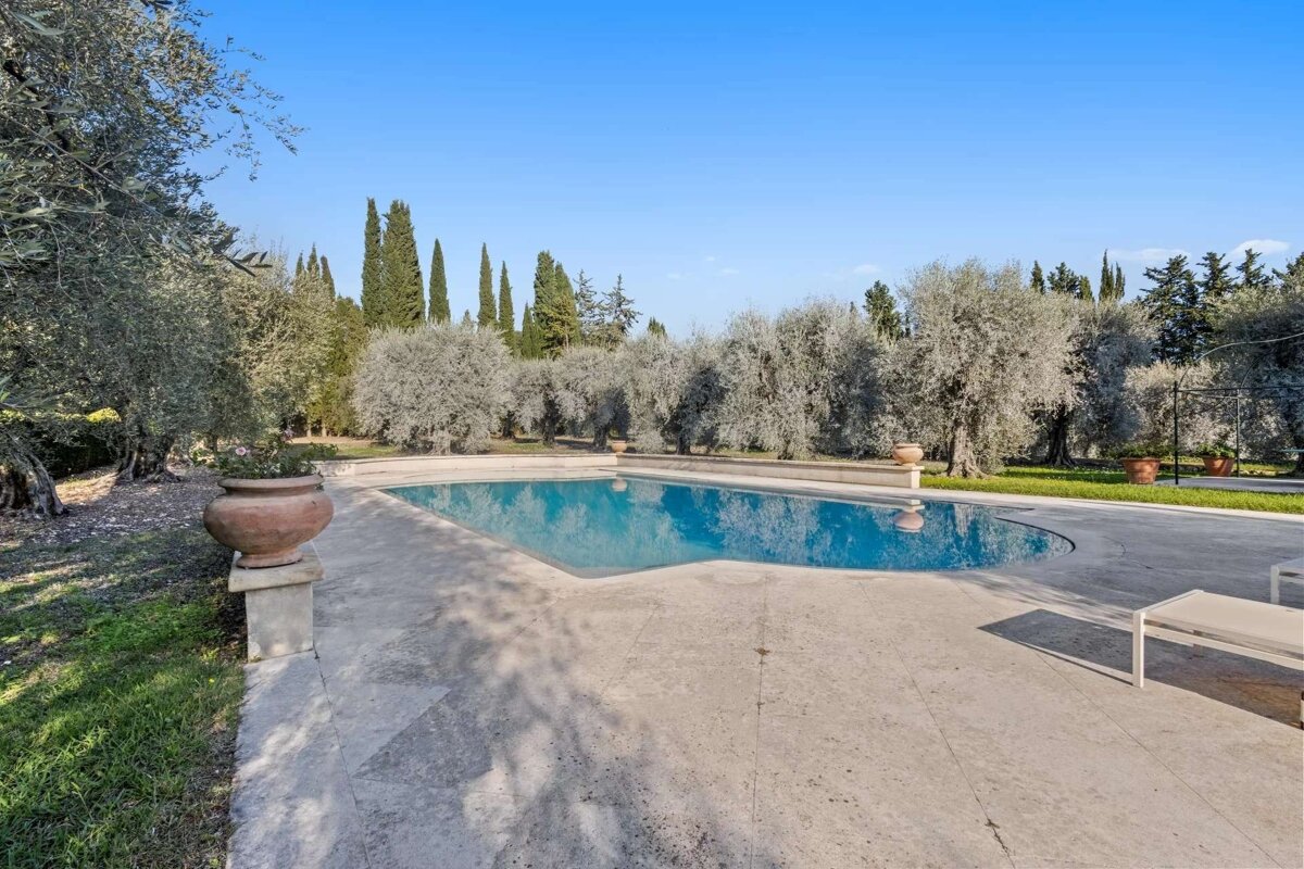 A serene outdoor swimming pool with a paved patio, surrounded by mature olive and cypress trees under a clear blue sky on a sunny day.