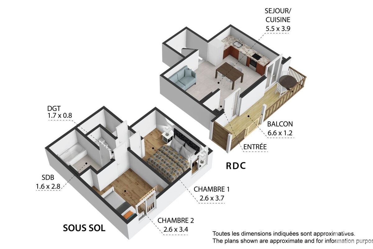 A 3D floor plan of a two-story apartment. The ground floor has a living/kitchen area and balcony; the basement features two bedrooms, a bathroom, and a toilet.