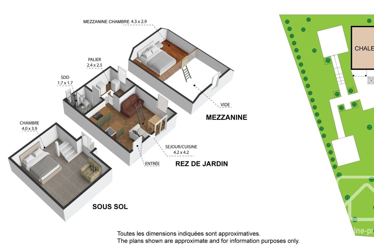 Exploded 3D architectural floor plans (in French) showing a multi-level house (basement, garden, mezzanine) with room details and a partial site plan.