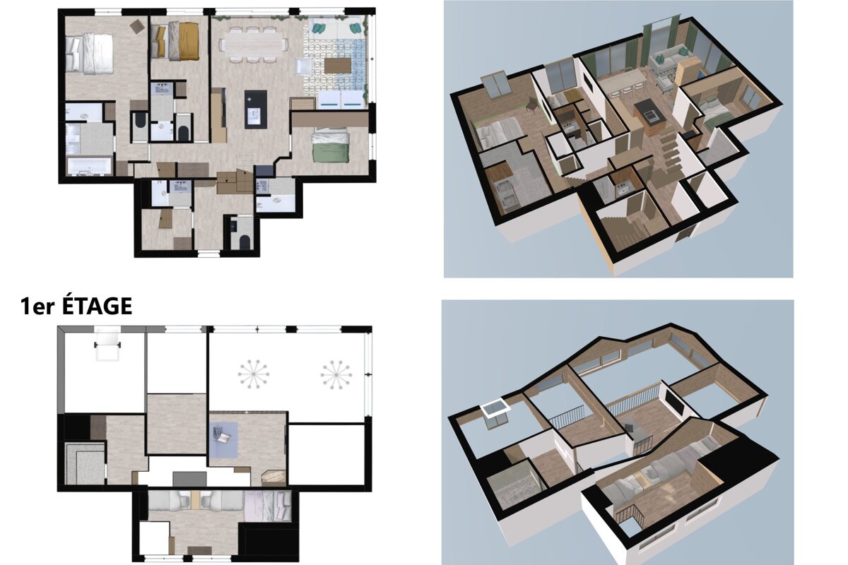 Four images displaying 2D floor plans and 3D renderings for two levels of a house, with the lower level labeled 