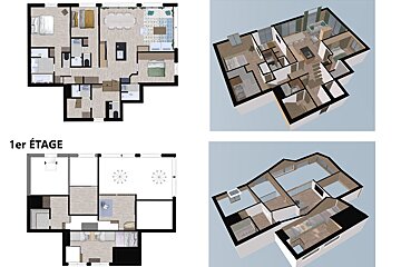 Four images displaying 2D floor plans and 3D renderings for two levels of a house, with the lower level labeled 