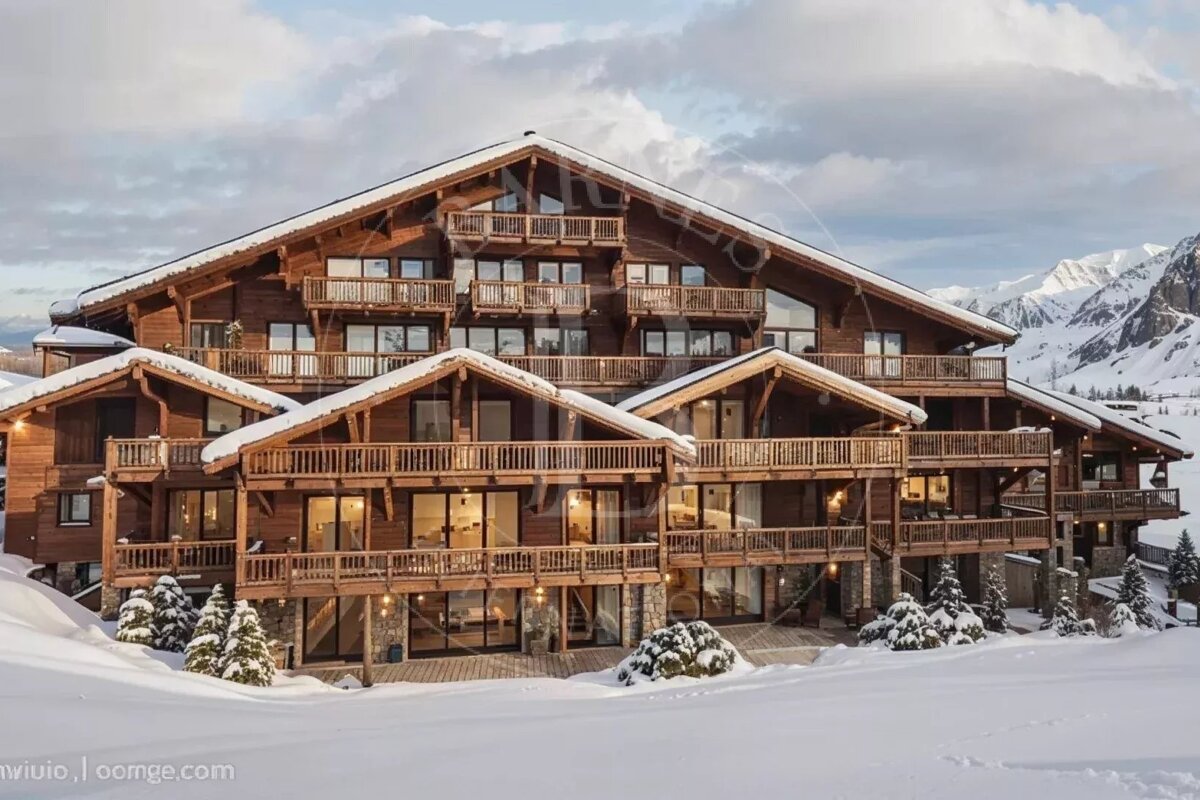 A grand, multi-story wooden chalet blanketed in snow, nestled amidst snowy mountains under a cloudy sky.