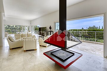 A living room with a fireplace and a sign that says immobilier