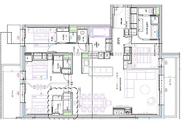 Detailed architectural floor plan of an apartment, featuring multiple bedrooms, bathrooms, kitchen, living area, and balconies.