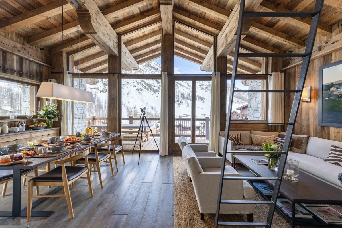 A living room with a ladder leading up to the second floor