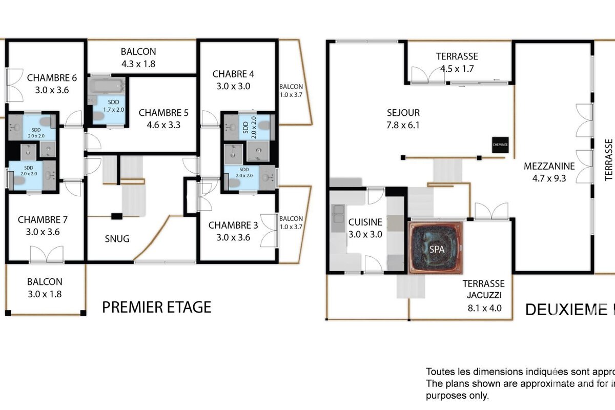 A floor plan detailing two levels with multiple bedrooms, balconies, a living area, kitchen, and spa terrace.