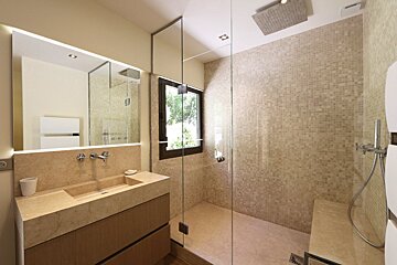 A bathroom with a sink and a walk in shower