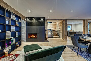 A living room with a fireplace and a bookshelf