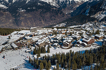 An aerial view of a ski resort in the mountains