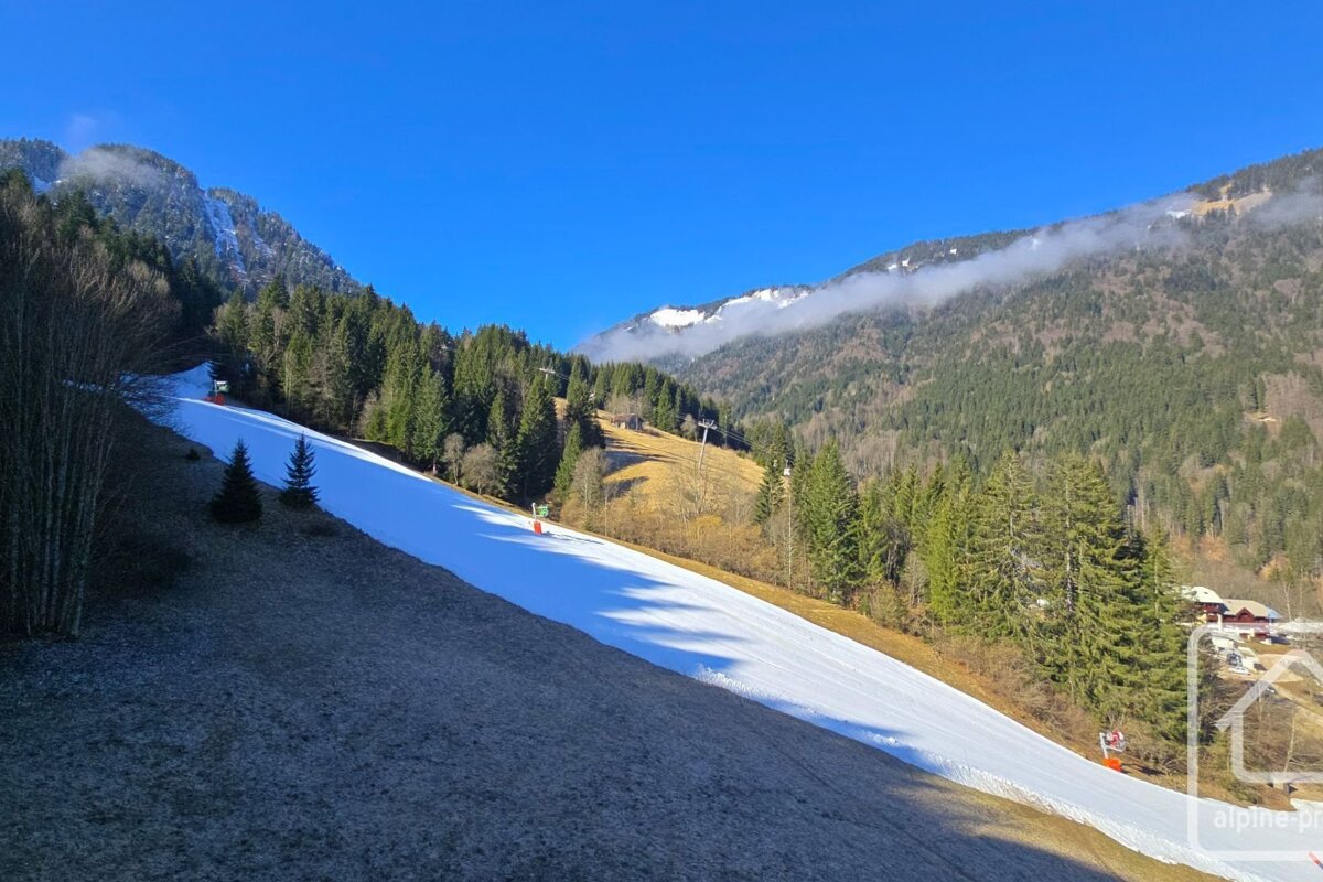 A sunny, narrow ski slope winds through forested mountains under a clear blue sky, with patches of snow and bare ground visible.