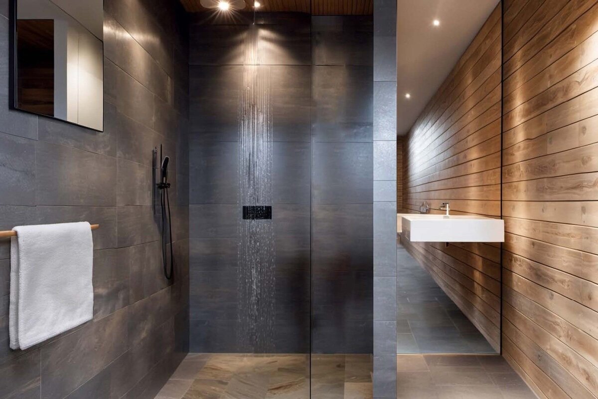 A modern bathroom with a dark stone walk-in shower on the left and a wood-paneled wall with a floating white sink on the right.