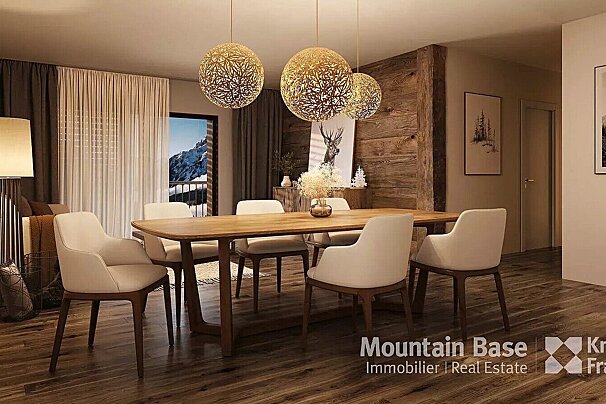 A dining room with a table and chairs and a sign that says mountain base