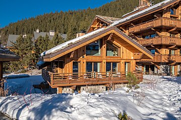 Wooden chalets nestled in a snowy mountain landscape, surrounded by pine trees under a clear blue sky on a bright day.