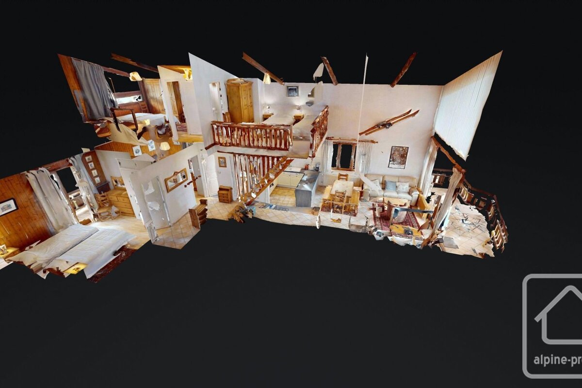 A 3D dollhouse view of a rustic two-story chalet with wooden beams, bedrooms, a kitchen, and a living area.