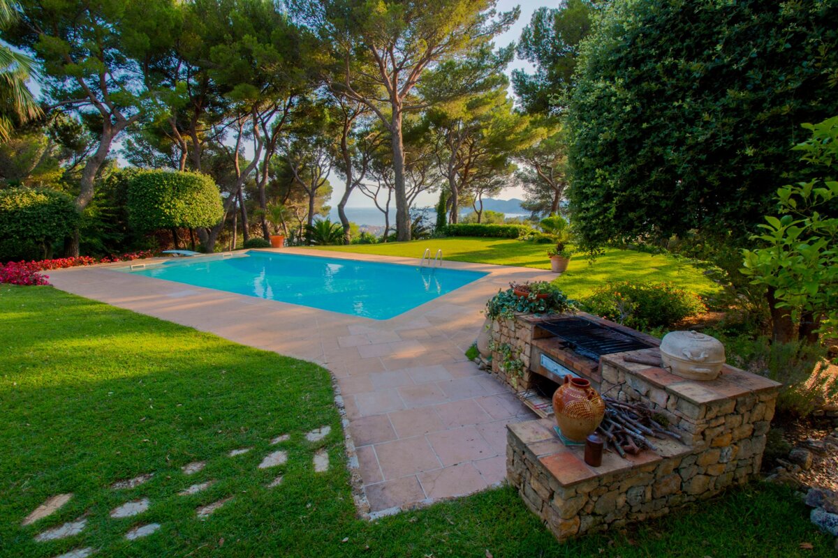 A large swimming pool is surrounded by lush greenery and trees