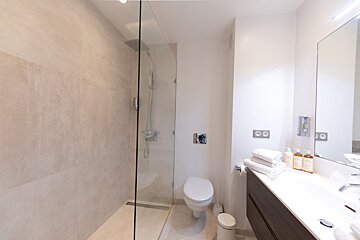 A bathroom with a toilet and a walk in shower