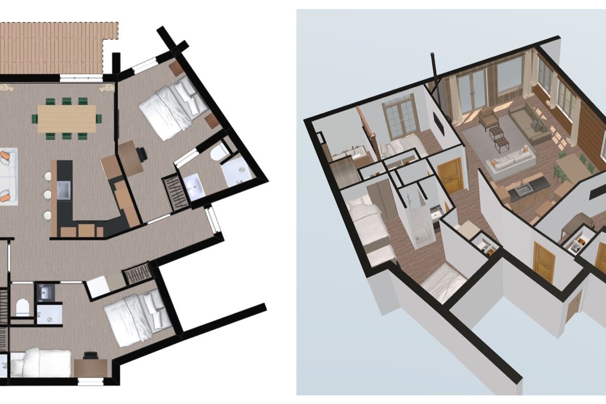 A comparison of a 2D floor plan and a 3D architectural rendering of a multi-room house.