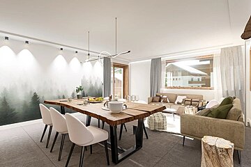 Stylish open-plan living/dining area featuring a rustic wood table, nature mural, modern lighting, cozy sofas, and large windows.