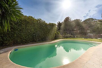 An inviting outdoor swimming pool with bright green water under a sunny sky, surrounded by dense green hedges and distant trees.