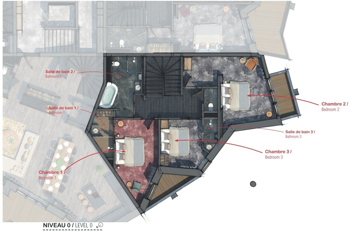 Architectural floor plan of Level 0 showing three bedrooms and bathrooms with French and English labels.