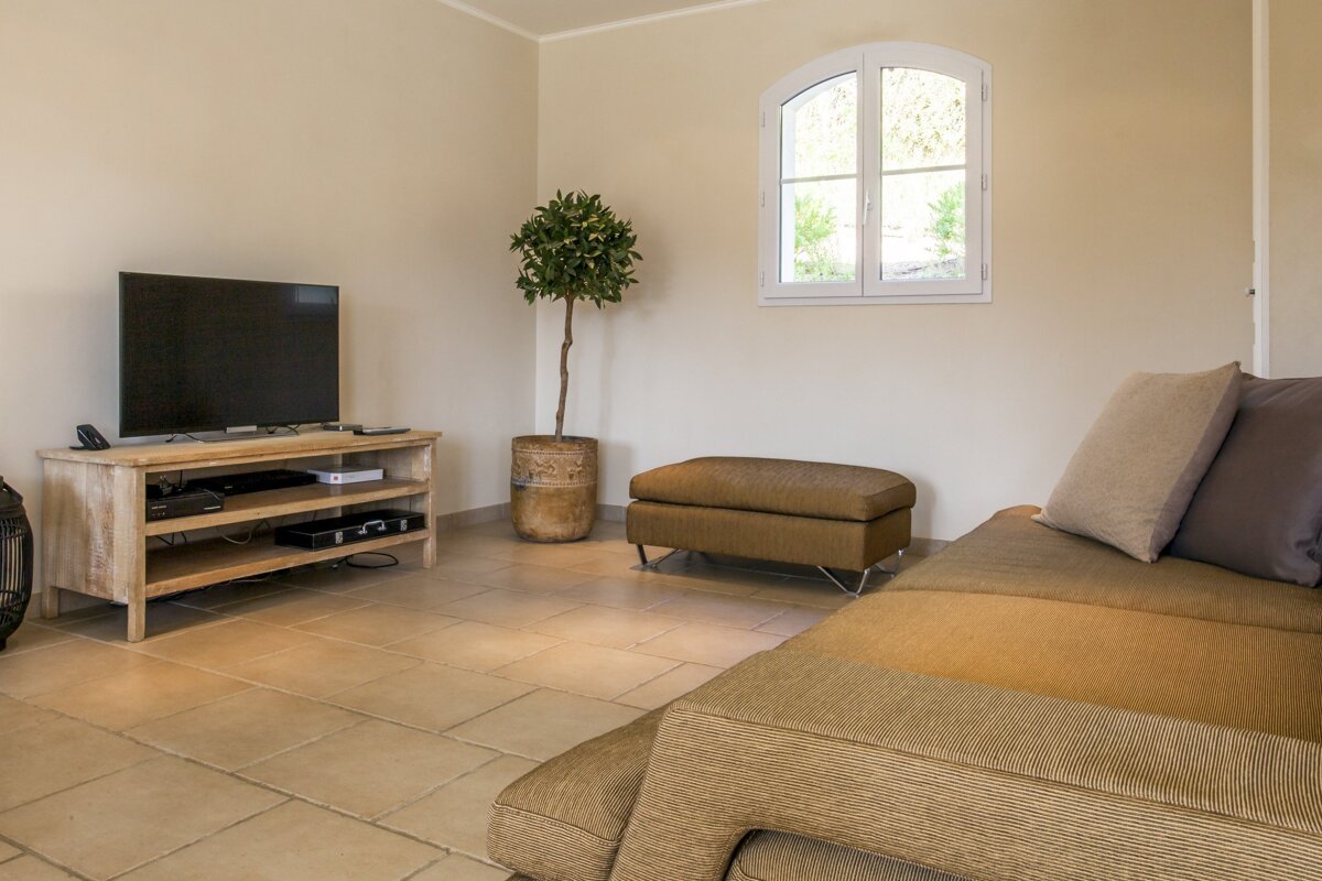 A living room with a couch and a flat screen tv