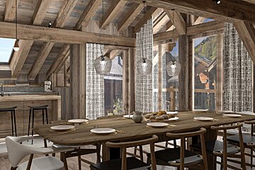 A dining room with a large wooden table and chairs