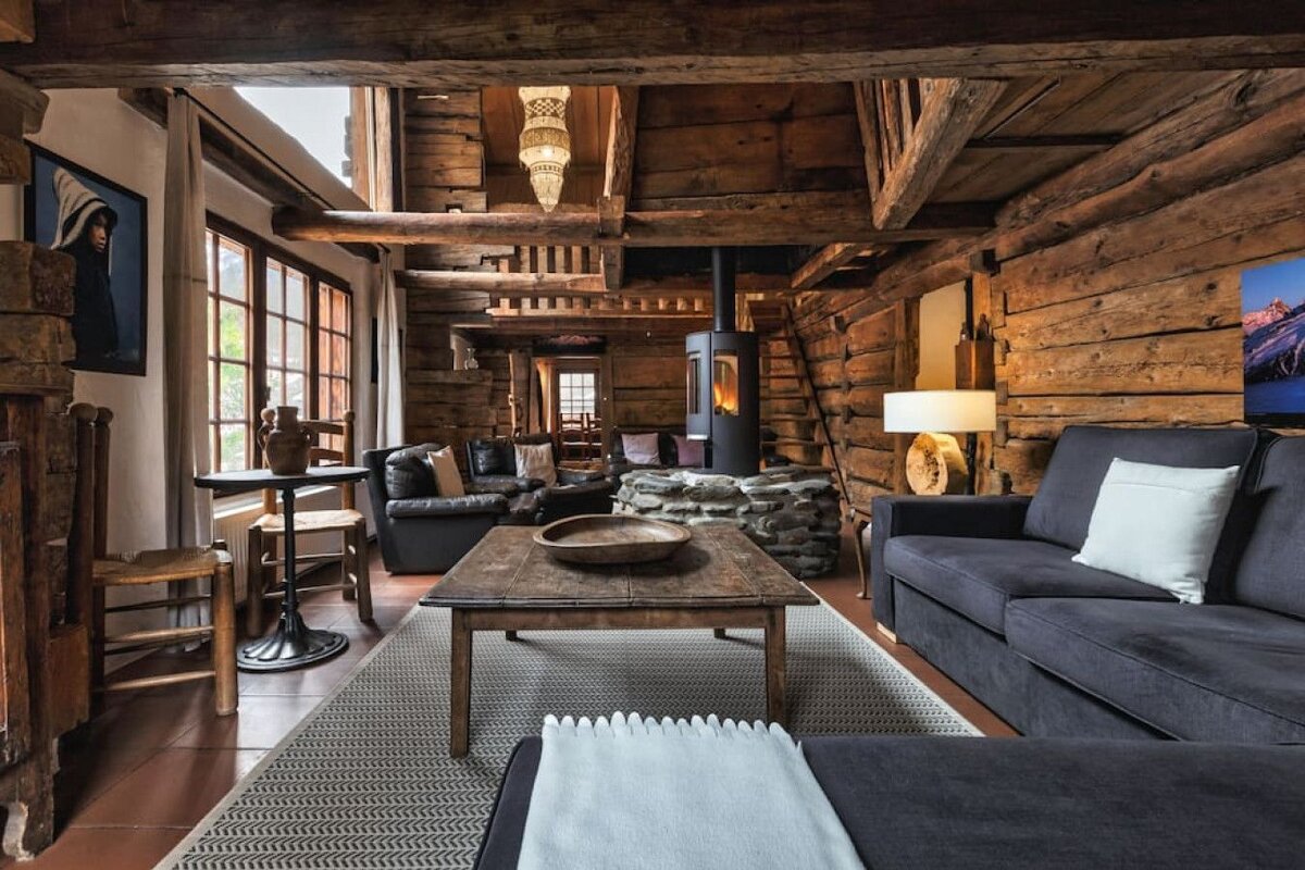 A living room with a couch and a coffee table