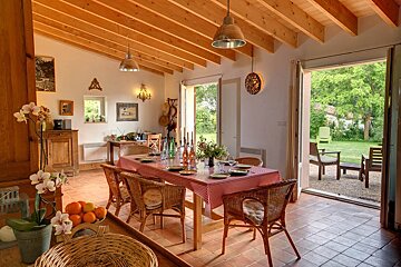 A dining room table with a red and white checkered table cloth