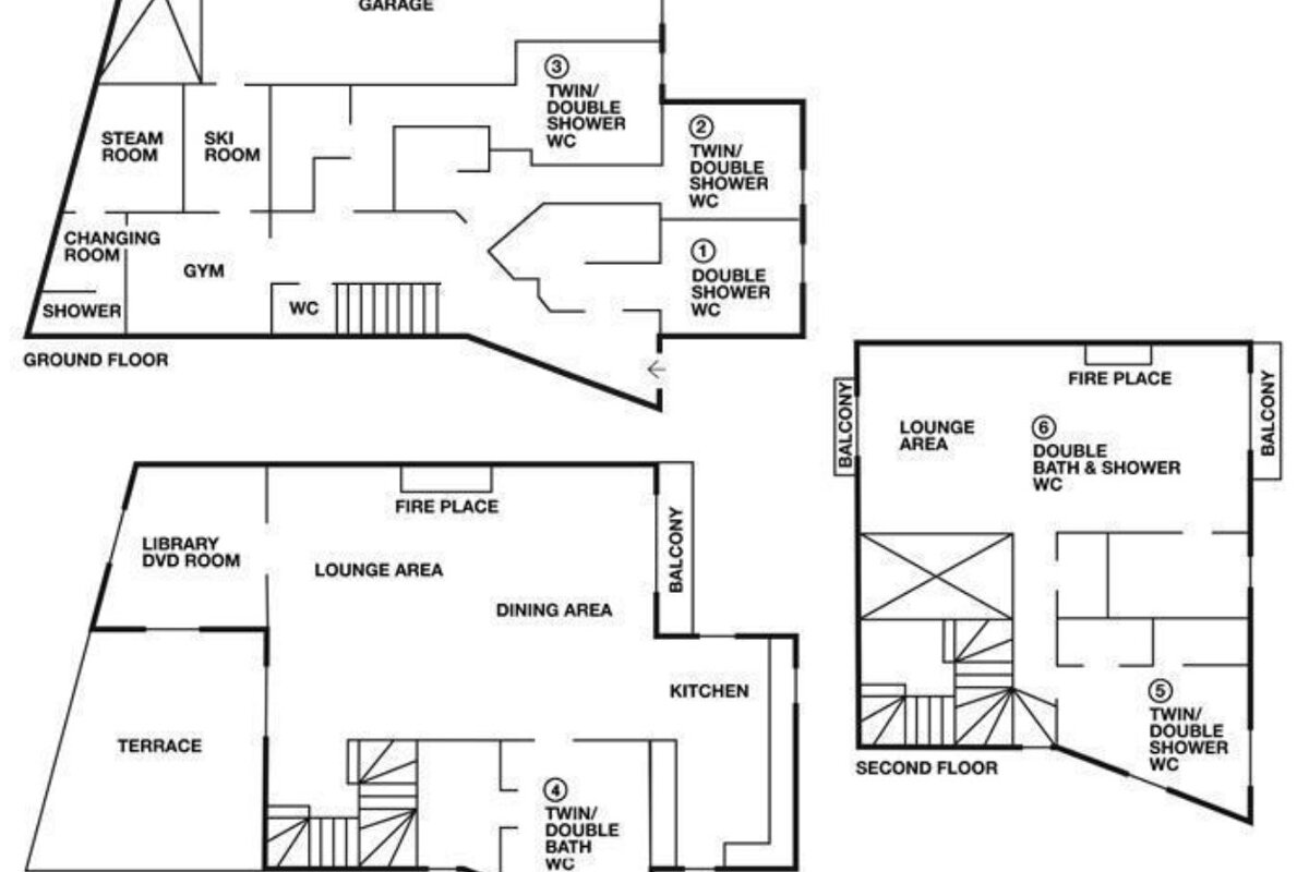 Architectural floor plans of a multi-level home, showing the ground floor, first floor, and second floor layouts.