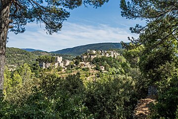 A small village is surrounded by trees and mountains