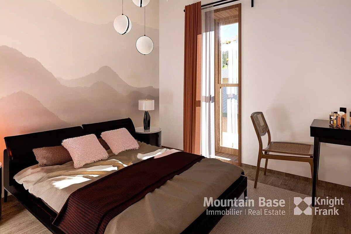 A modern bedroom features a mountain mural, a dark bed with pink pillows, pendant lights, and a sunny balcony door, with warm light.