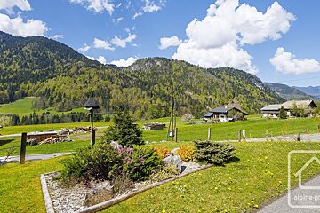 Idyllic alpine landscape with green mountains, scattered houses in lush fields, and a bright blue sky with white clouds. A garden is in the foreground.