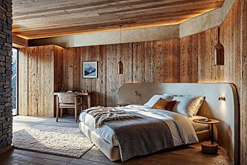 Modern rustic bedroom with extensive wood paneling on walls and ceiling, a plush bed, desk, and warm ambient lighting.