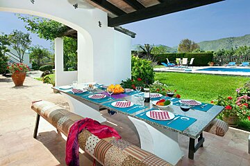 A table with plates and glasses of wine on it