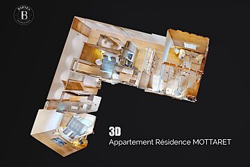 A 3D model of an apartment floor plan from Résidence MOTTARET is shown on a black background, with the Barnes International logo.