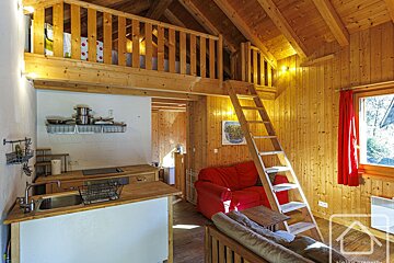 A rustic wooden cabin interior featuring an open-plan kitchenette, a living area with a red sofa, and a sleeping loft accessed by a wooden ladder.