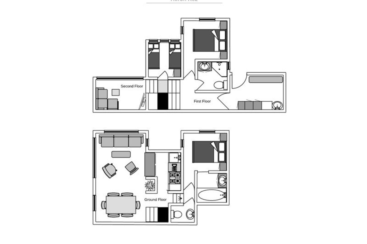 Floor plans of a multi-level home, showing layouts for the Ground, First, and Second floors with furniture.