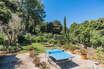 A ping pong table in the middle of a garden