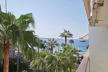 A view of the ocean from a balcony with palm trees in the foreground