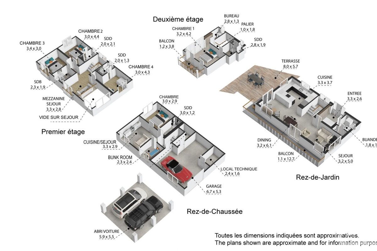 Architectural floor plans for a multi-story house, showing layouts for ground, first, second, and garden levels, including rooms and garage.
