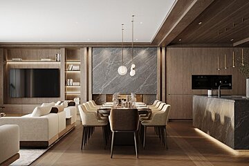 A dining room with a long table and chairs