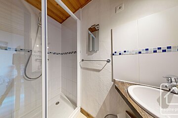 A bathroom with a sink and a shower with the word alpine on the bottom