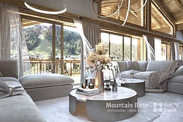 Elegant chalet living room with panoramic mountain valley views. Neutral tones, plush seating, and warm wood beams create a cozy, luxurious ambiance.