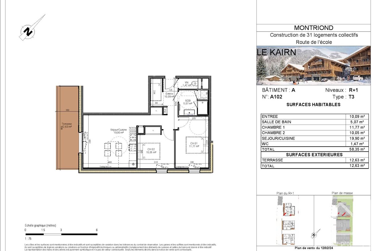 Architectural plan for a Type T3 apartment (A102) in LE KAIRN, Montriond. It displays room layouts, surface areas, and an exterior view.