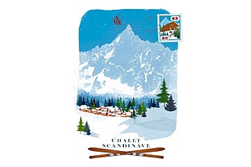 A postcard from chalet scandinave with a mountain in the background