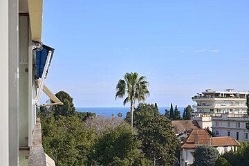 Balcony view of the sea, a palm tree, and buildings amidst green trees under a clear blue sky.