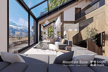 A living room with a couch and a staircase and the words mountain base on the bottom