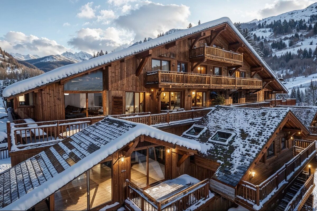 A luxurious, snow-covered wooden chalet with balconies nestled in a beautiful mountain landscape under a bright sky.