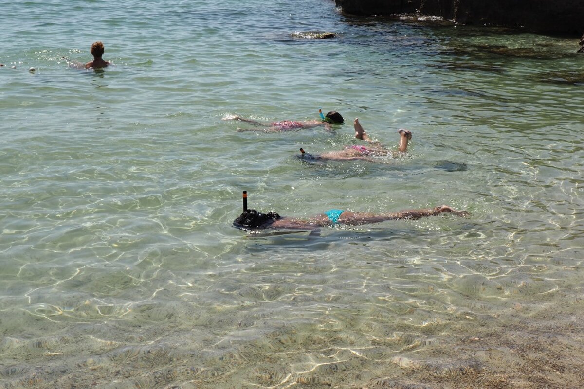 snorkelers at cala tarida beach in the south west of ibiza