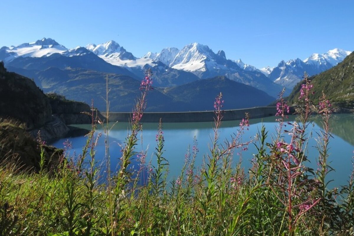 view from Emosson dam over to mont blanc